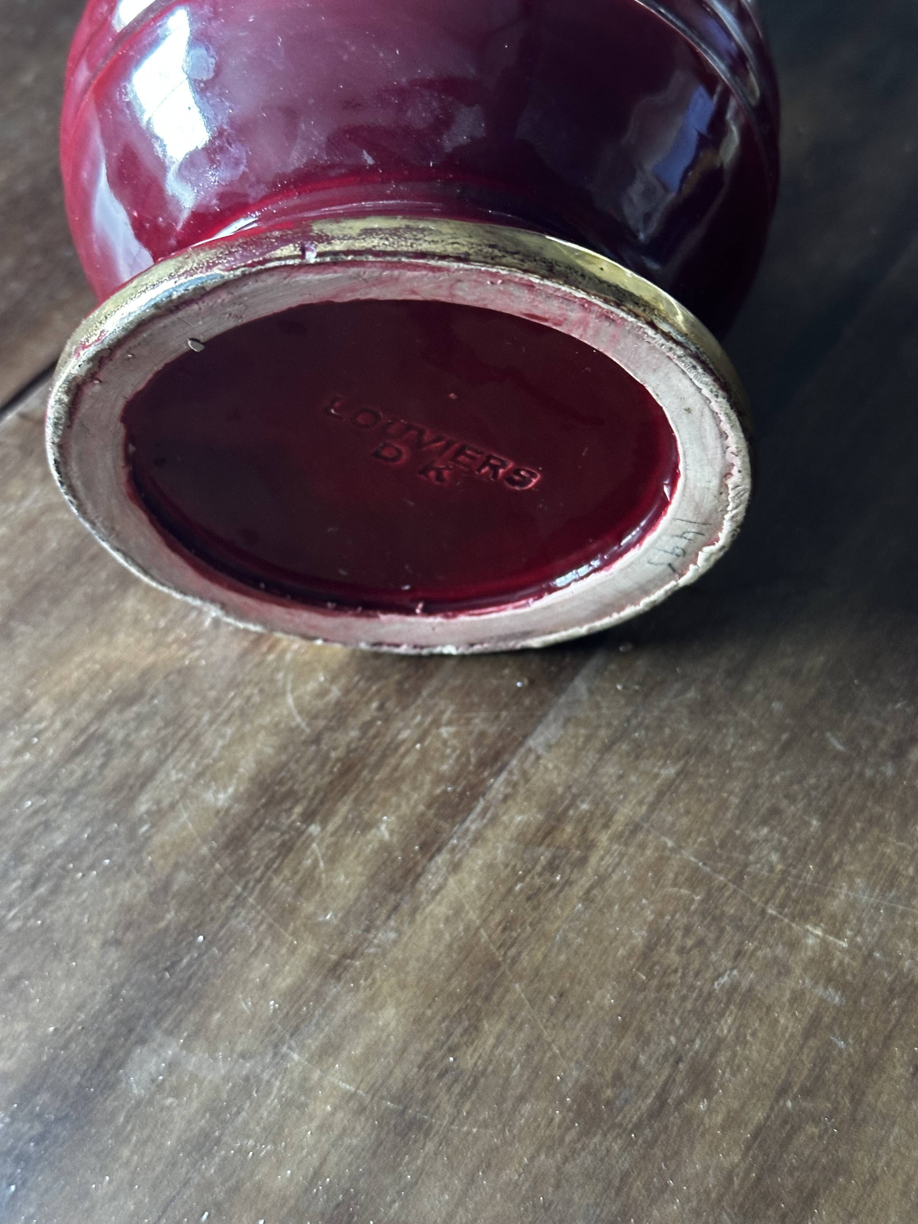 Ringed ceramic vase from Louviers, red and gold, 1950s