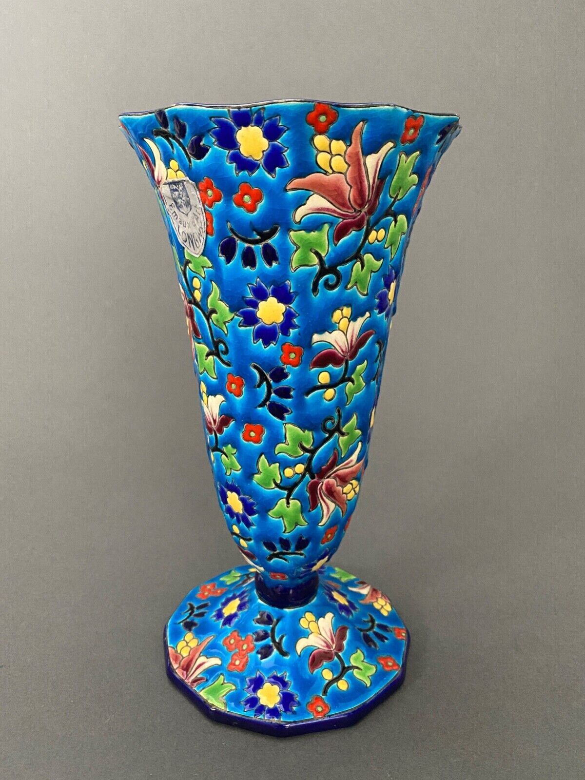 Enamel cornet vase from Longwy XXth shower foot