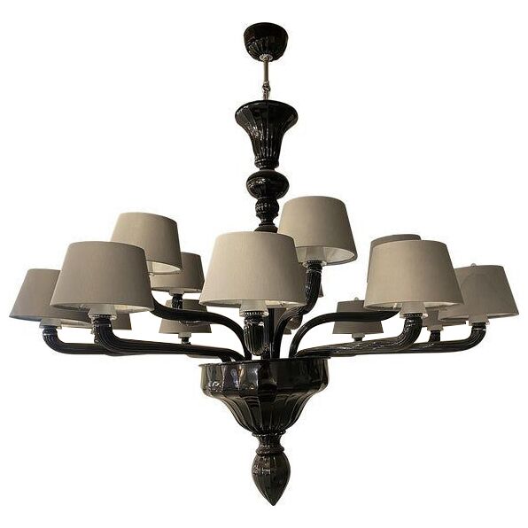 Contemporary Venetian Black Murano Glass Chandelier With Grey Shades