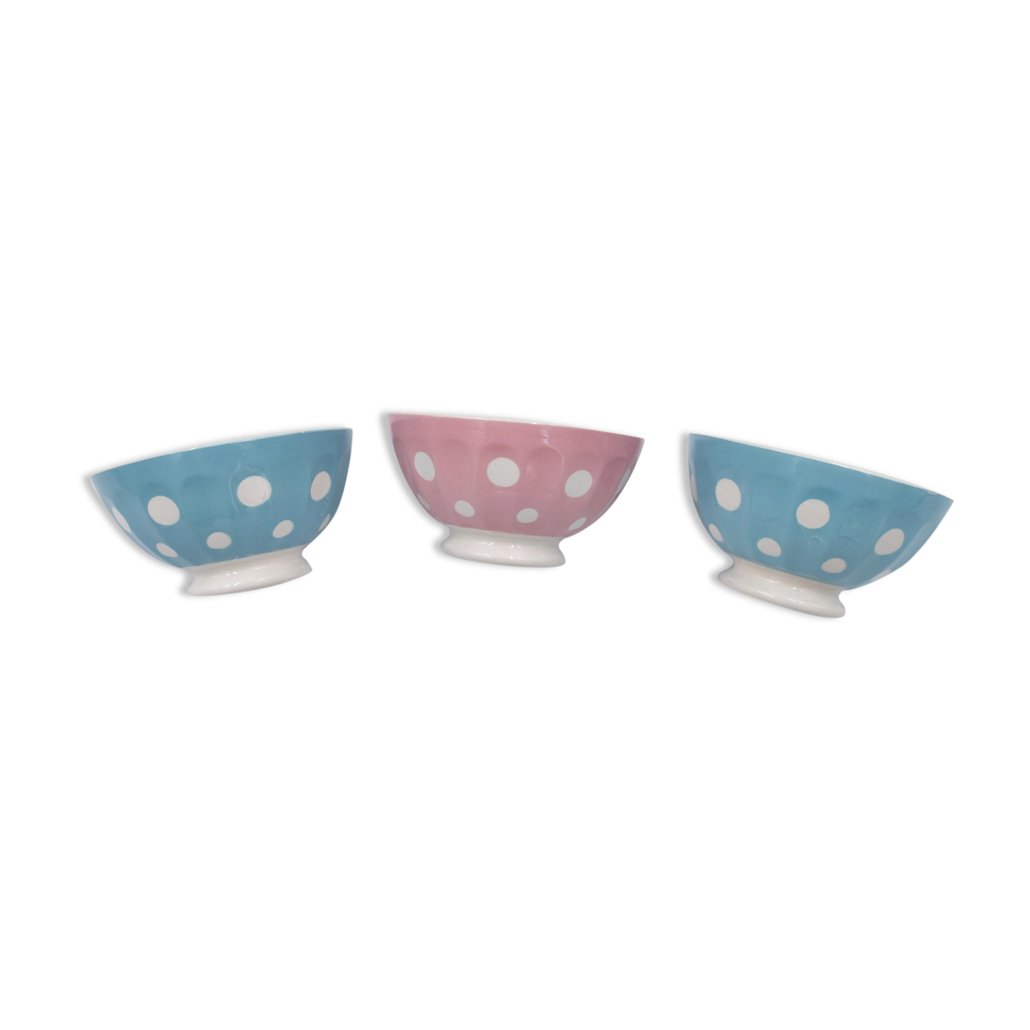 3 small vintage bowls digoin sarreguemines with polka dots pastel colors pink blue