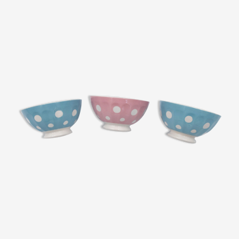 3 small vintage bowls digoin sarreguemines with polka dots pastel colors pink blue