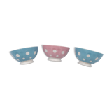 3 small vintage bowls digoin sarreguemines with polka dots pastel colors pink blue