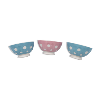 3 bols vintage digoin sarreguemines a pois couleurs pastel bleu rose