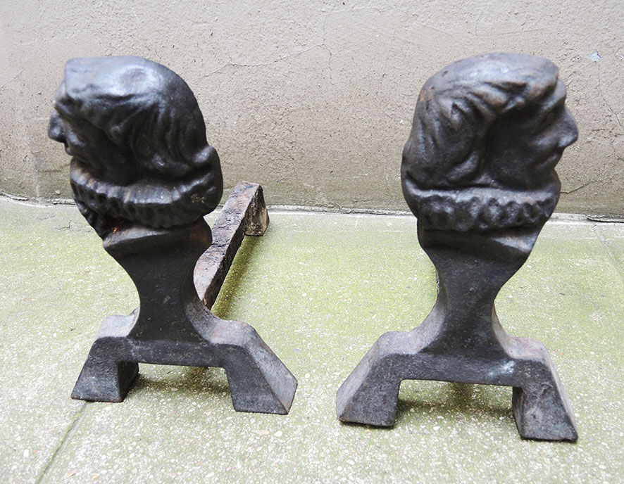 Old Cast Iron Chenets Profile of Man with Collerette
