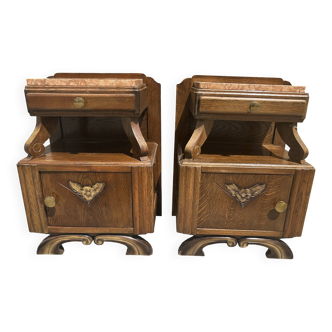 Paire de tables de chevet, années 30, 40, bois massif et marbre