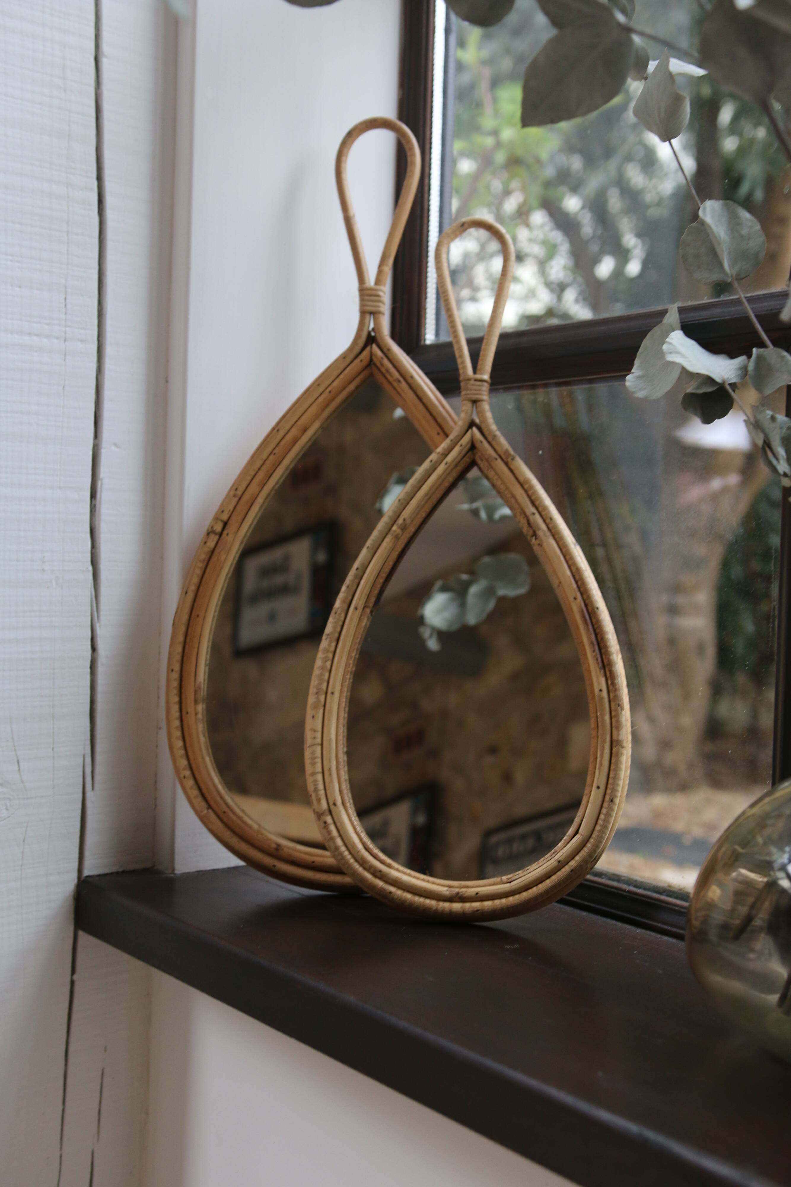 Vintage rattan teardrop mirror