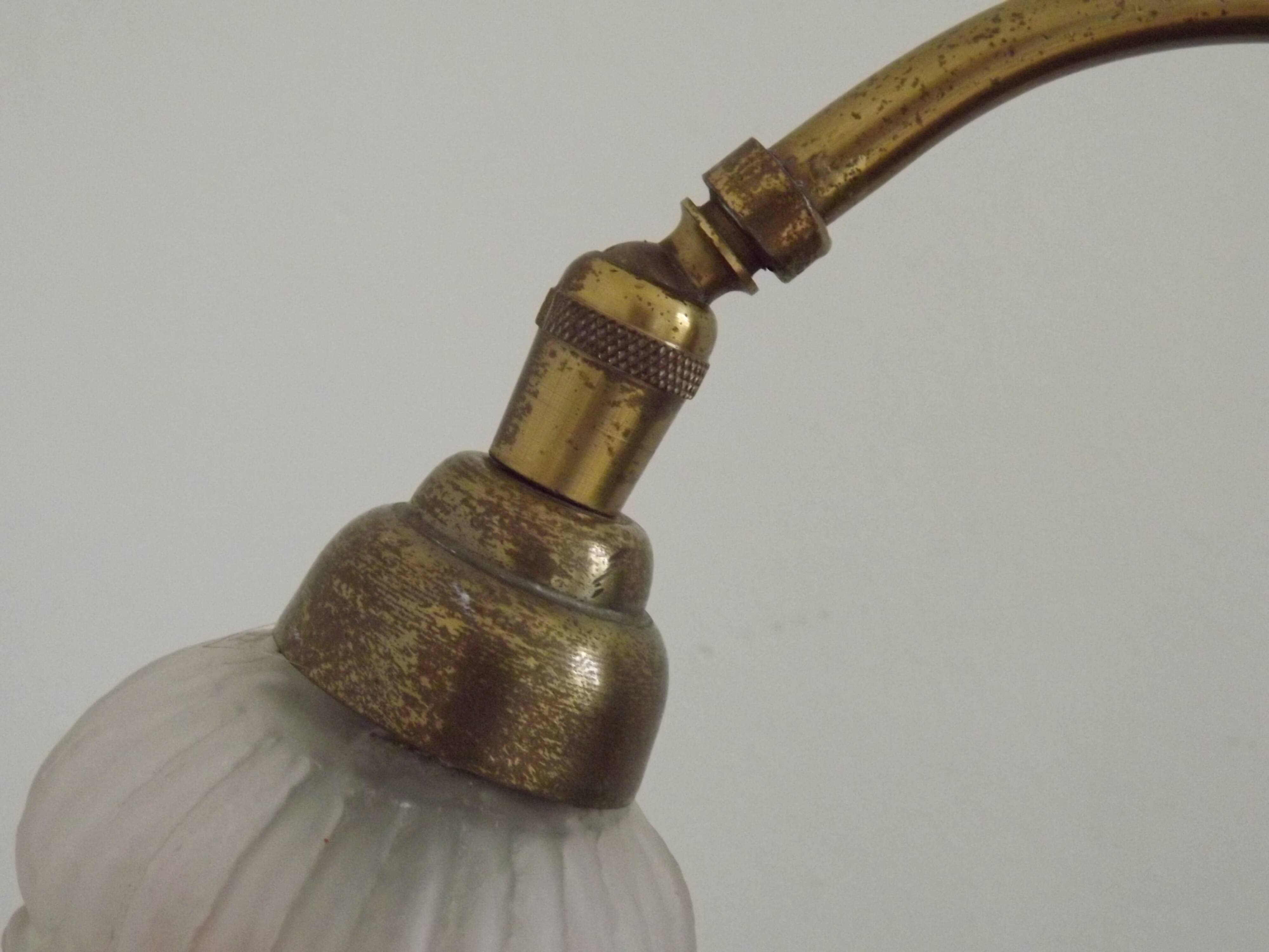 French Antique Brass Anglepoise Table Lamp Patterned Glass Pink Edged Shade 5131
