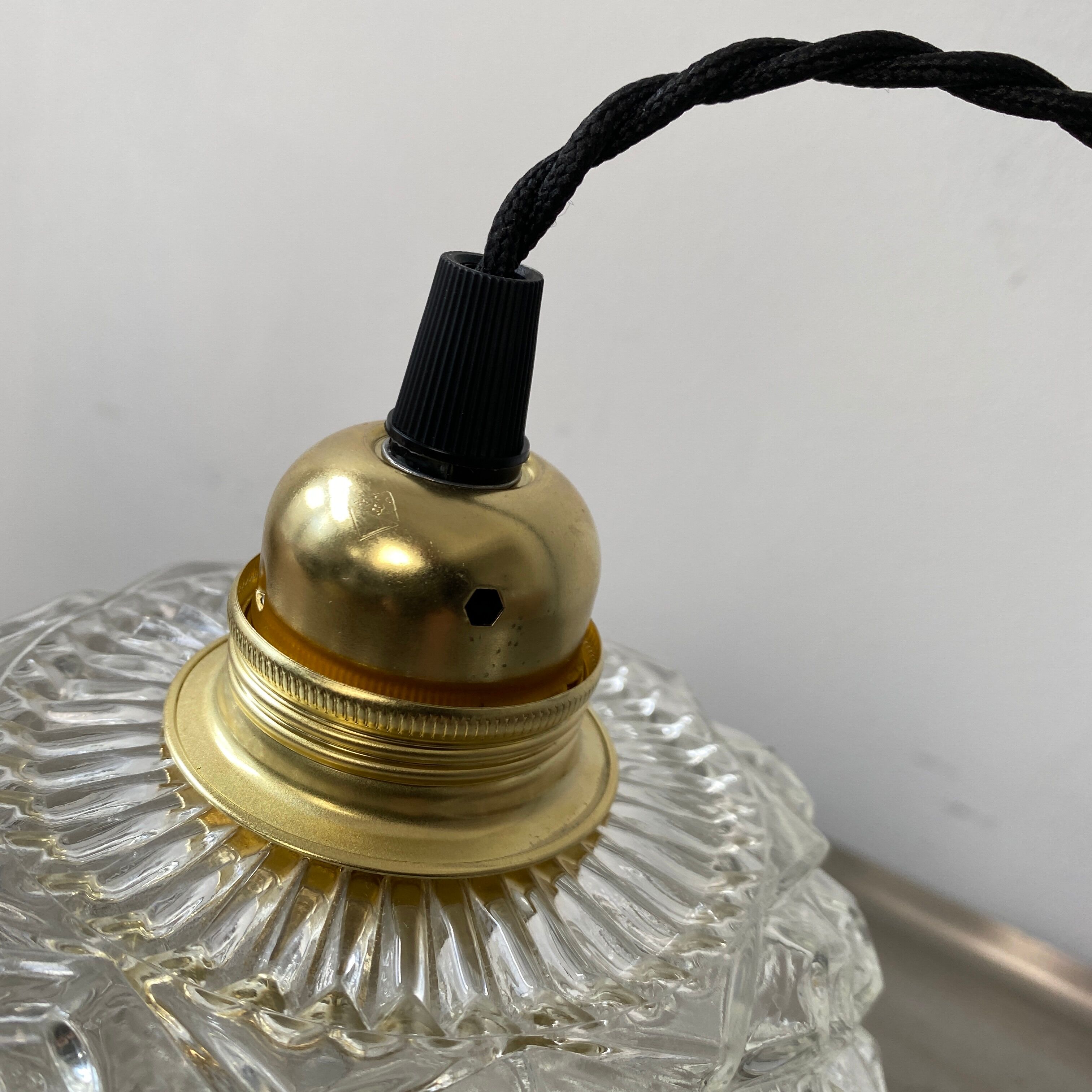 Pair of vintage molded glass pendant lamps