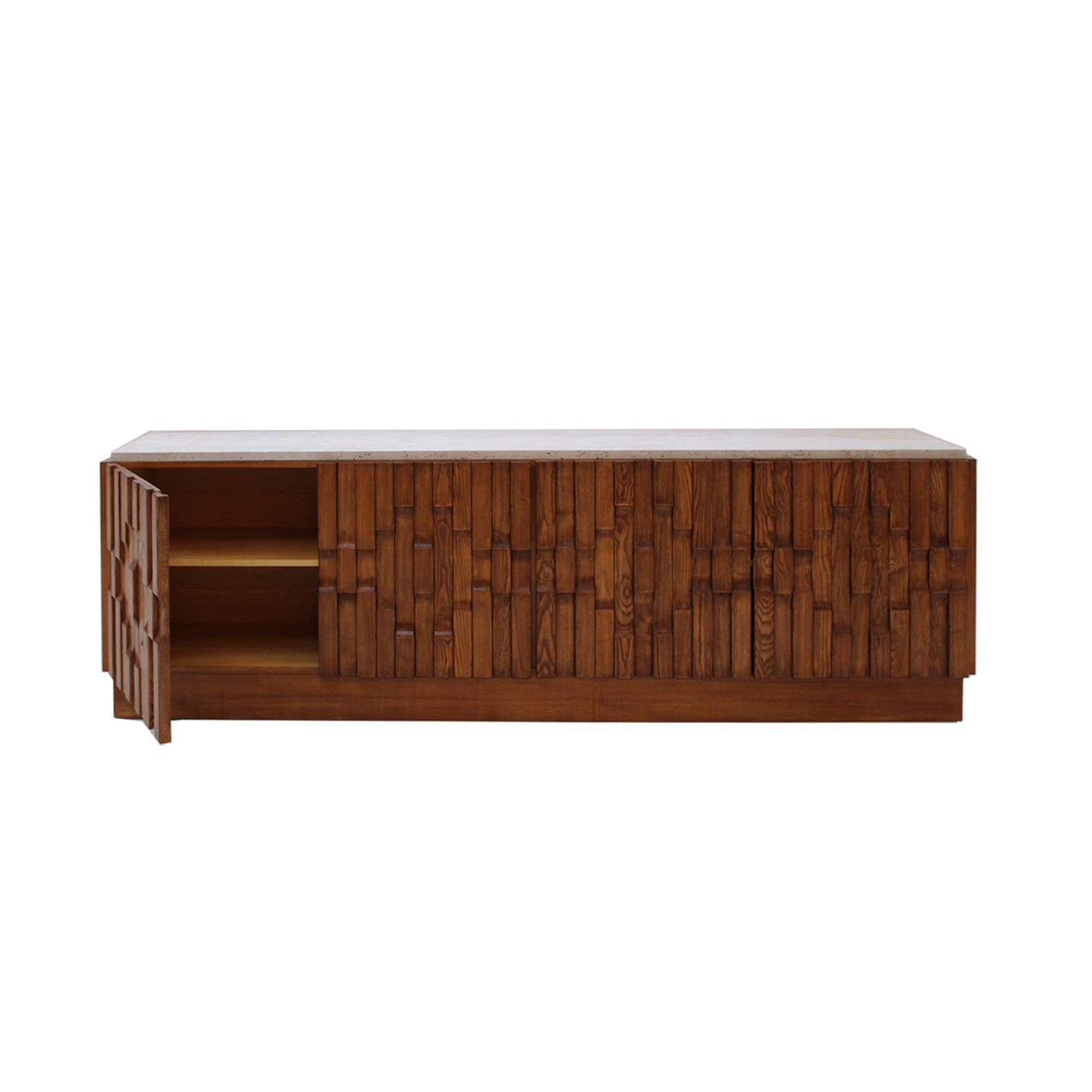 Italian Oak Wood Sideboard with Travertine Marble Top and Hand Carved Patte