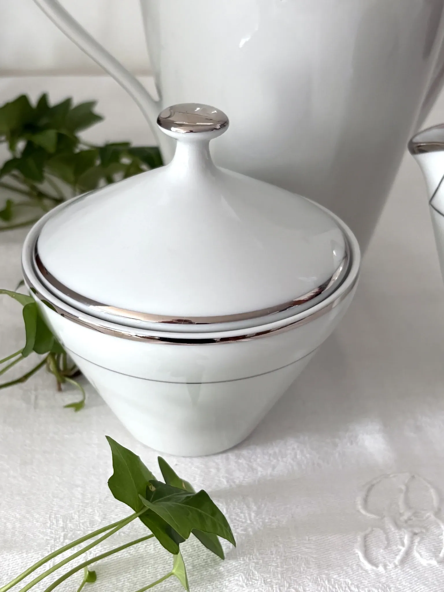 Coffee pot, milk jug and sugar bowl white porcelain