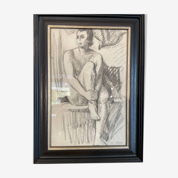 Dessin, encadré, femme posant nue technique fusain, époque 1930