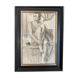 Drawing, framed, woman posing nude charcoal technique, 1930s period