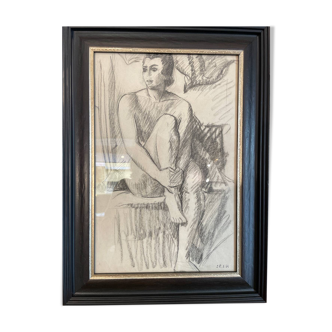 Dessin, encadré, femme posant nue technique fusain, époque 1930