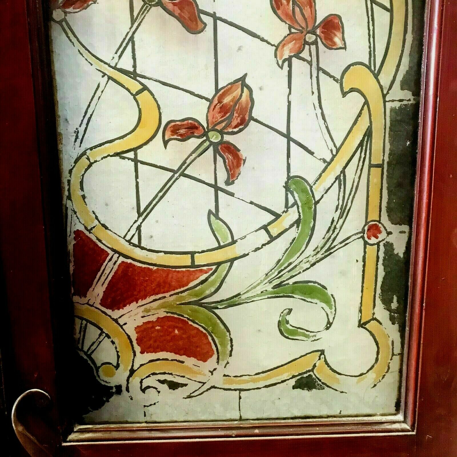 Pair of art deco doors in glass painted in imitation of 20th century stained glass