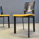 Vintage black leather and yellow fabric dining chairs, set of 6, 1980s