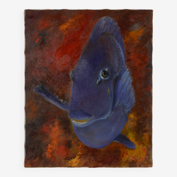 Huile sur toile poisson chirurgien bleu