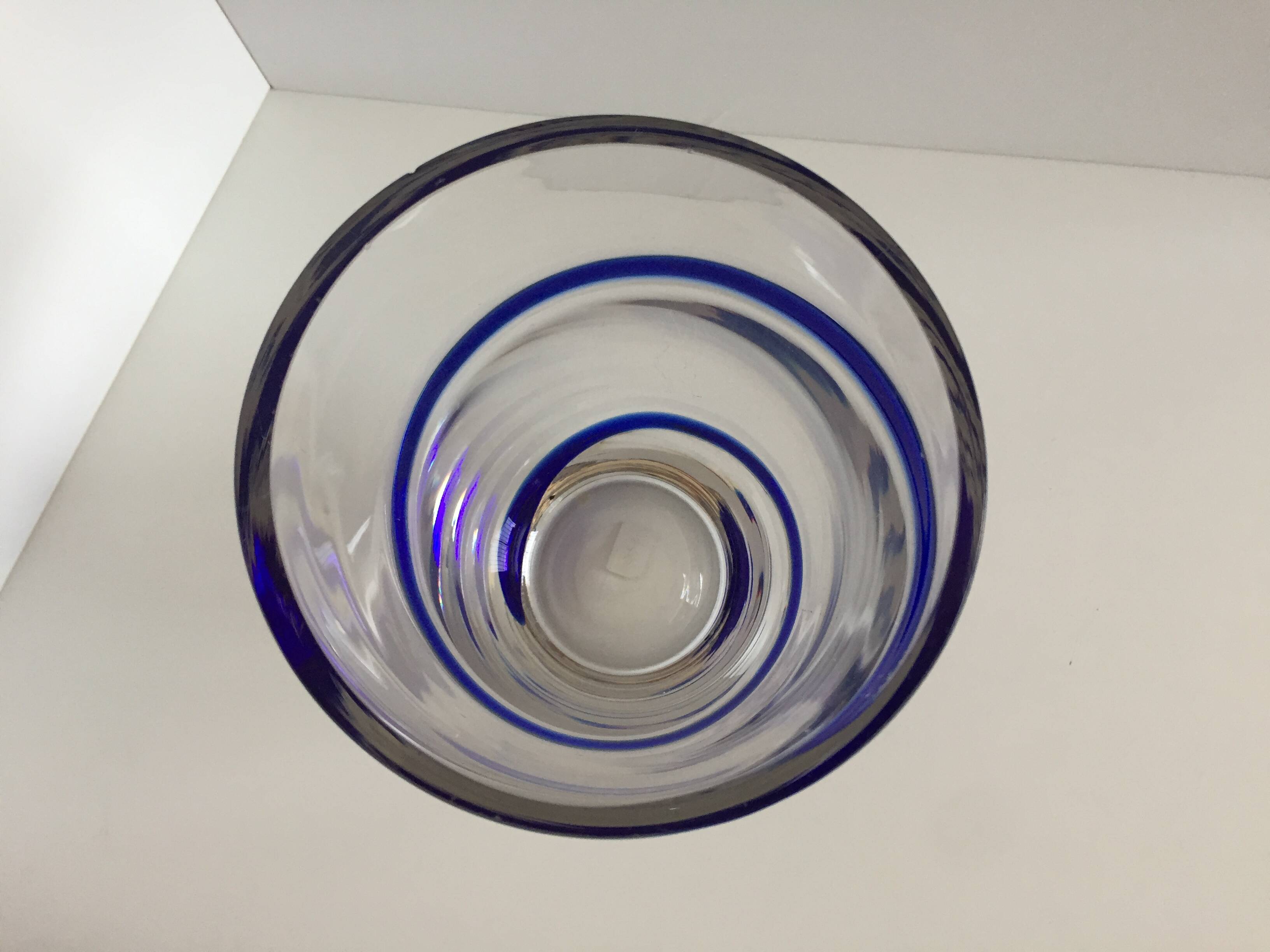 Large thick crystal glass vase modernist design cobalt edging