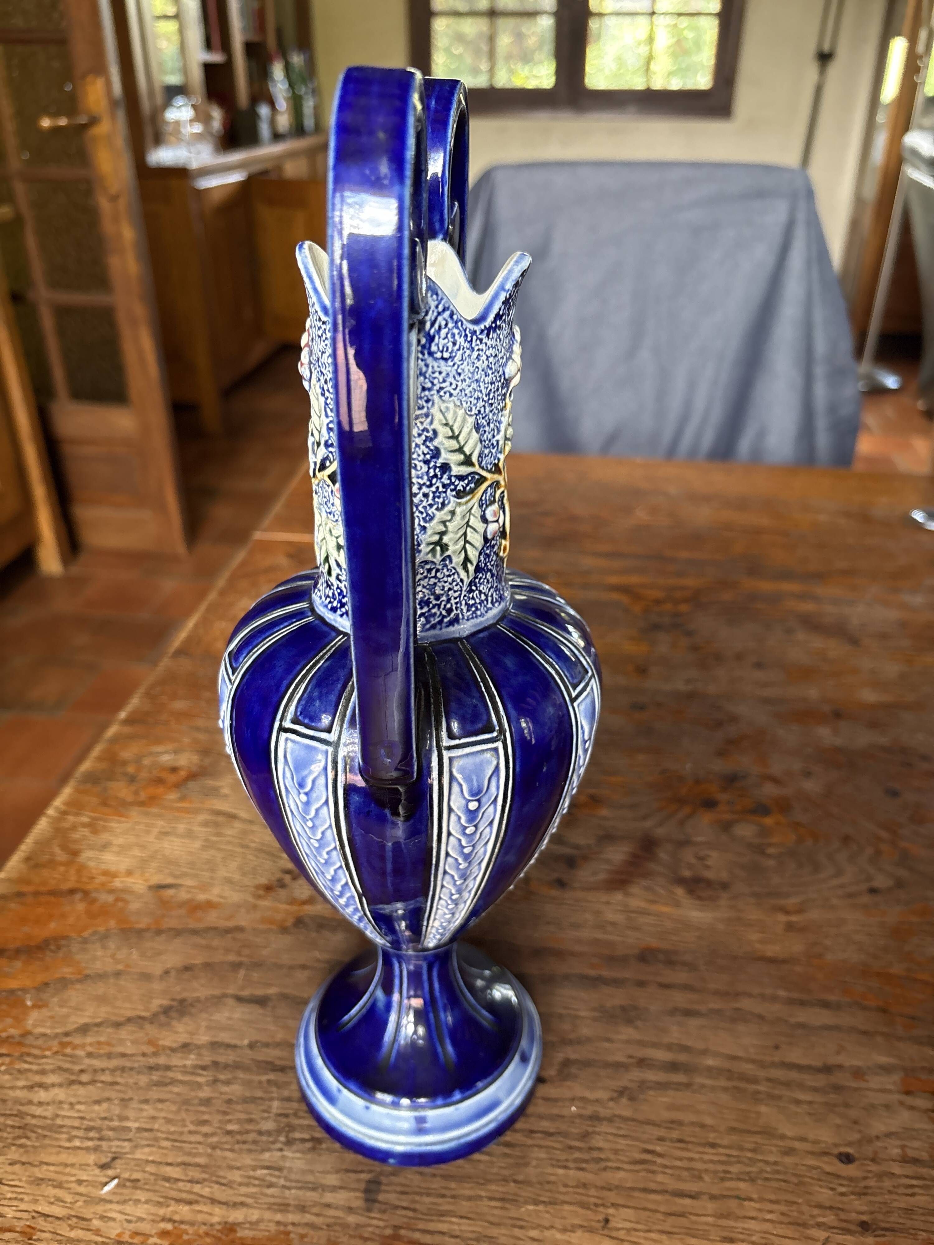 Art Nouveau amphora vase in glazed earthenware (barbotine style)