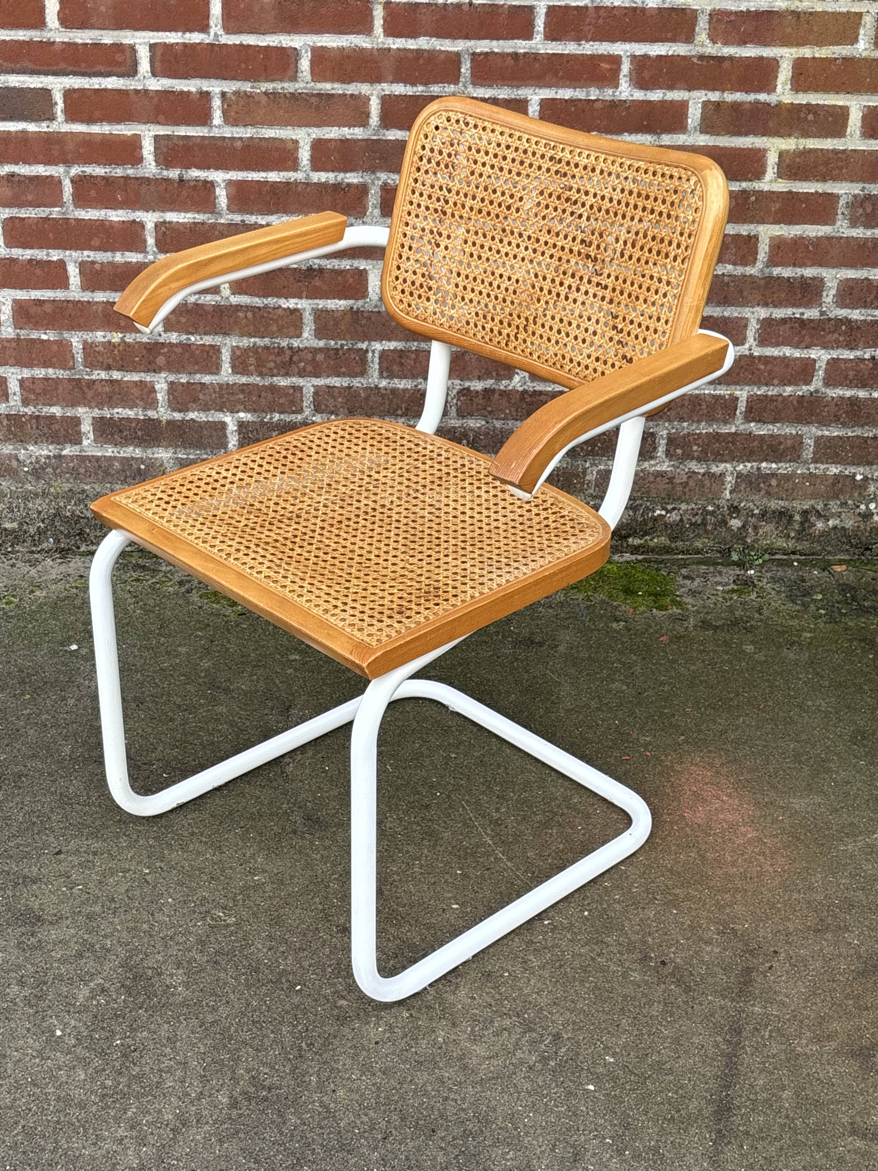 Chair Cesca model with armrests B64 in white metal and wood