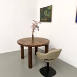 Table ronde moderniste chêne massif, piètement cylindrique pin, DLG Perrian