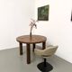 Modernist round table, solid oak, cylindrical pine base, DLG Perrian.