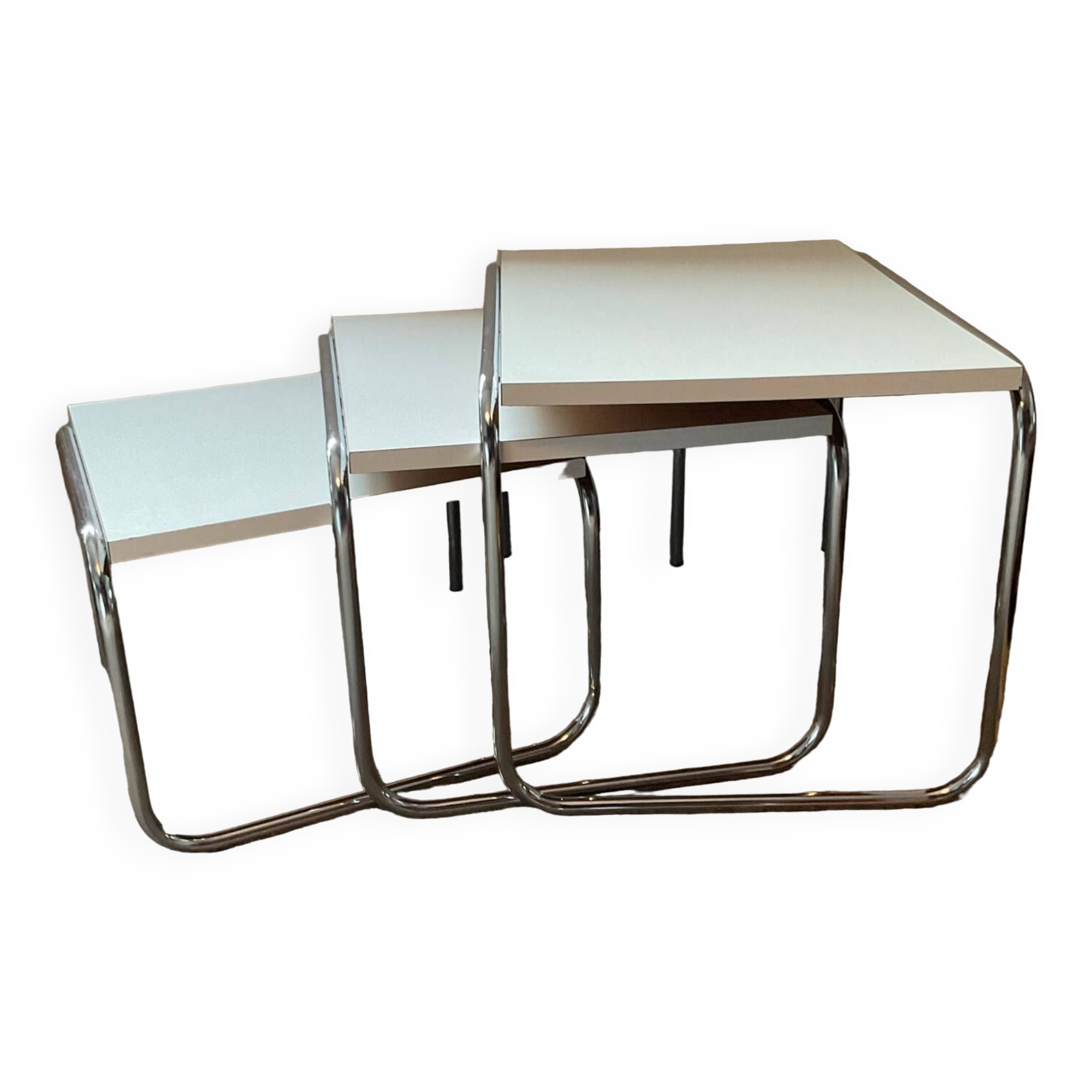 Trio of vintage nesting tables in Formica and chrome metal