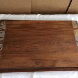 Old wooden serving tray with marquetry drawing