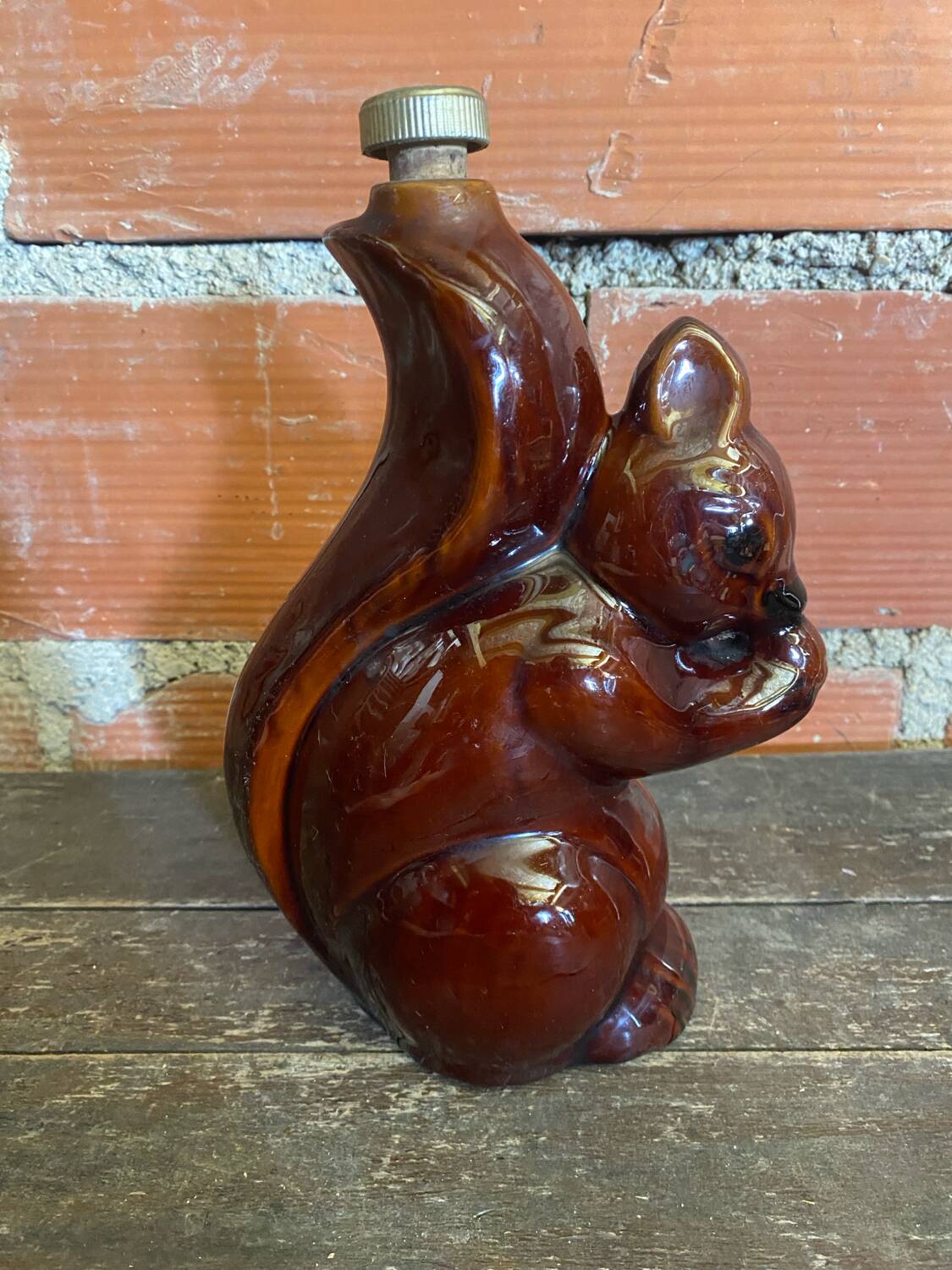 Vintage Brown Glazed Stoneware Squirrel-Shaped Bottle + Cork