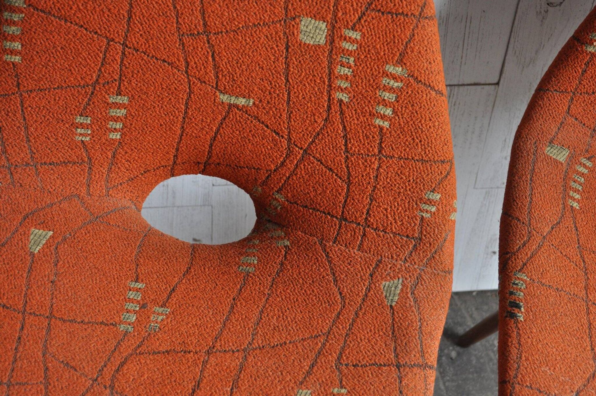 Pair of multicoloured fabric and wood Erika chairs — Judit Burián for SZKIV, 1959