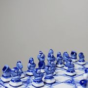 Gzhel porcelain travel chess set signed Yuri Garanin