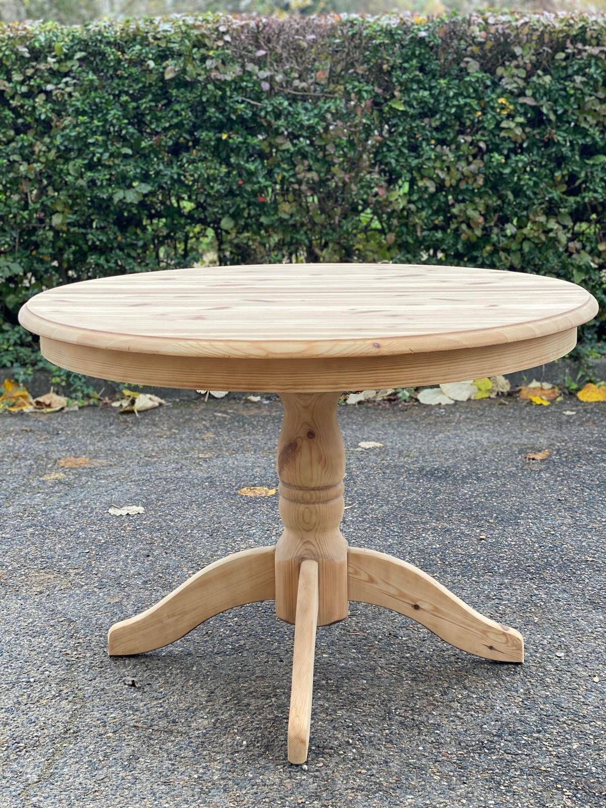 Extendable round dining table with central leg renovated in raw solid wood 105cm