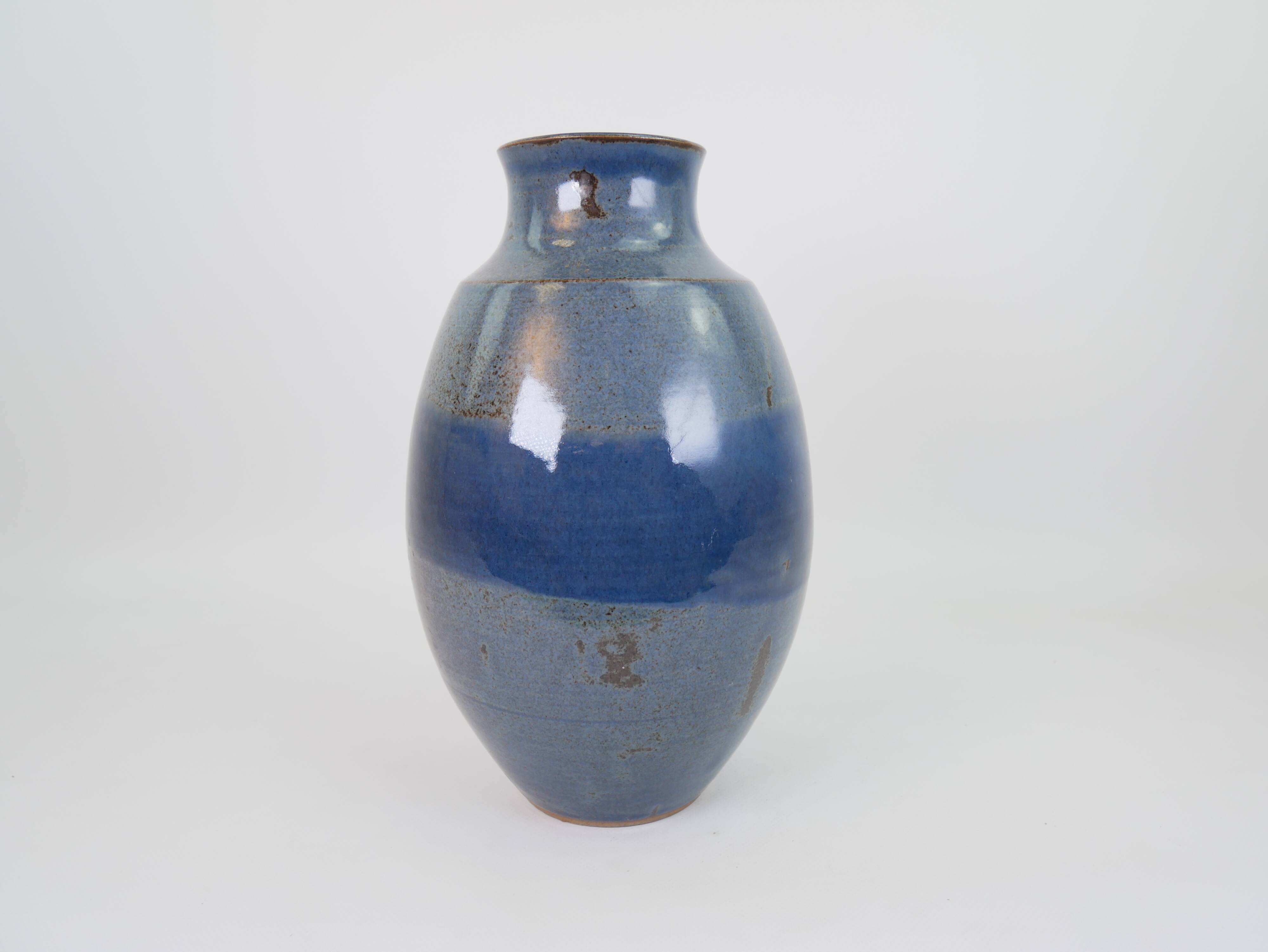 Large blue glazed ceramic vase signed under the base