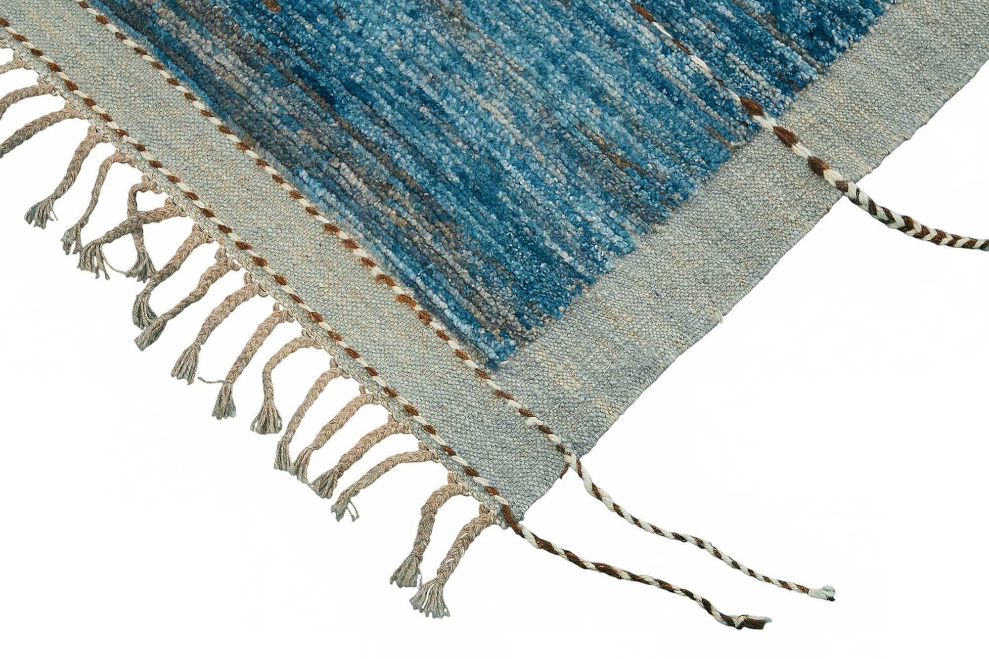 Tapis tribal tissé à la main en laine bleue unique en son genre, 201 cm x 304 cm