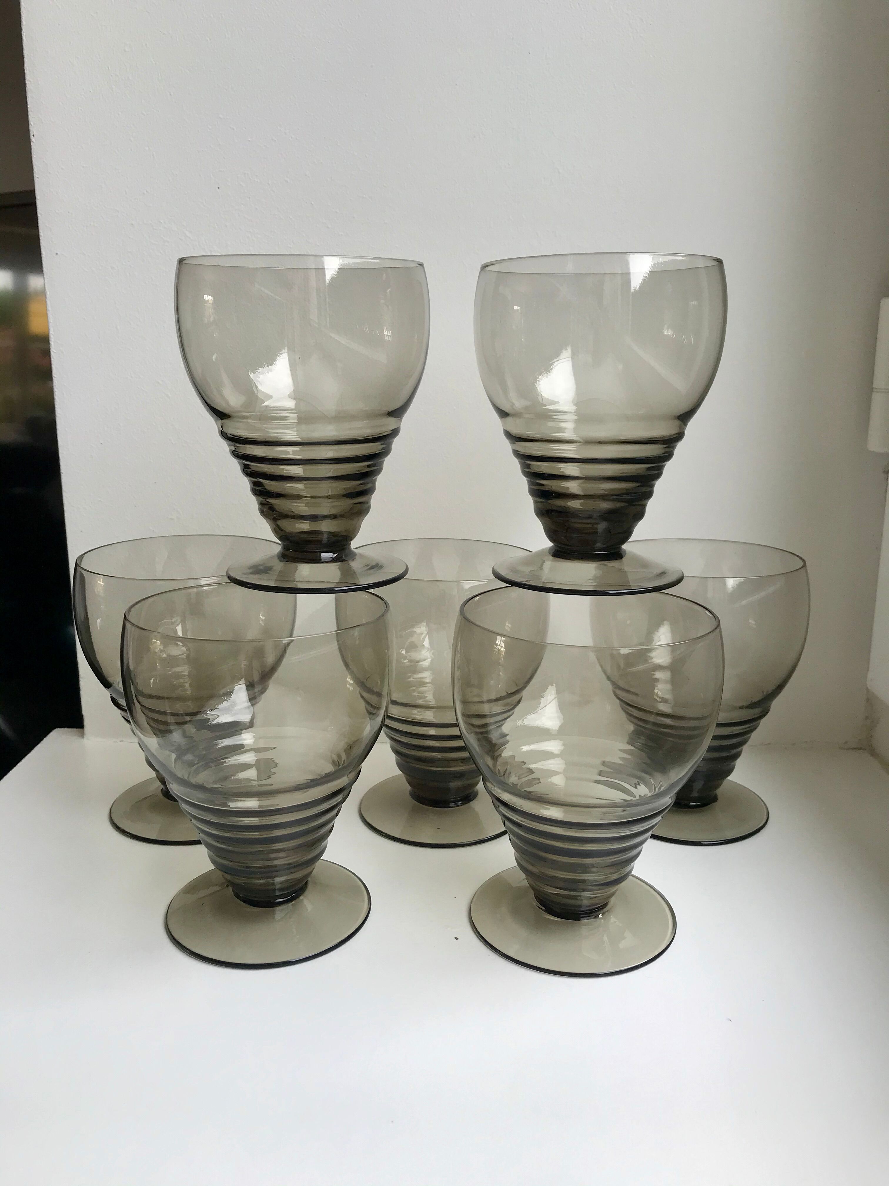 Set of 7 wine glasses  art deco smoked glass years 30-40