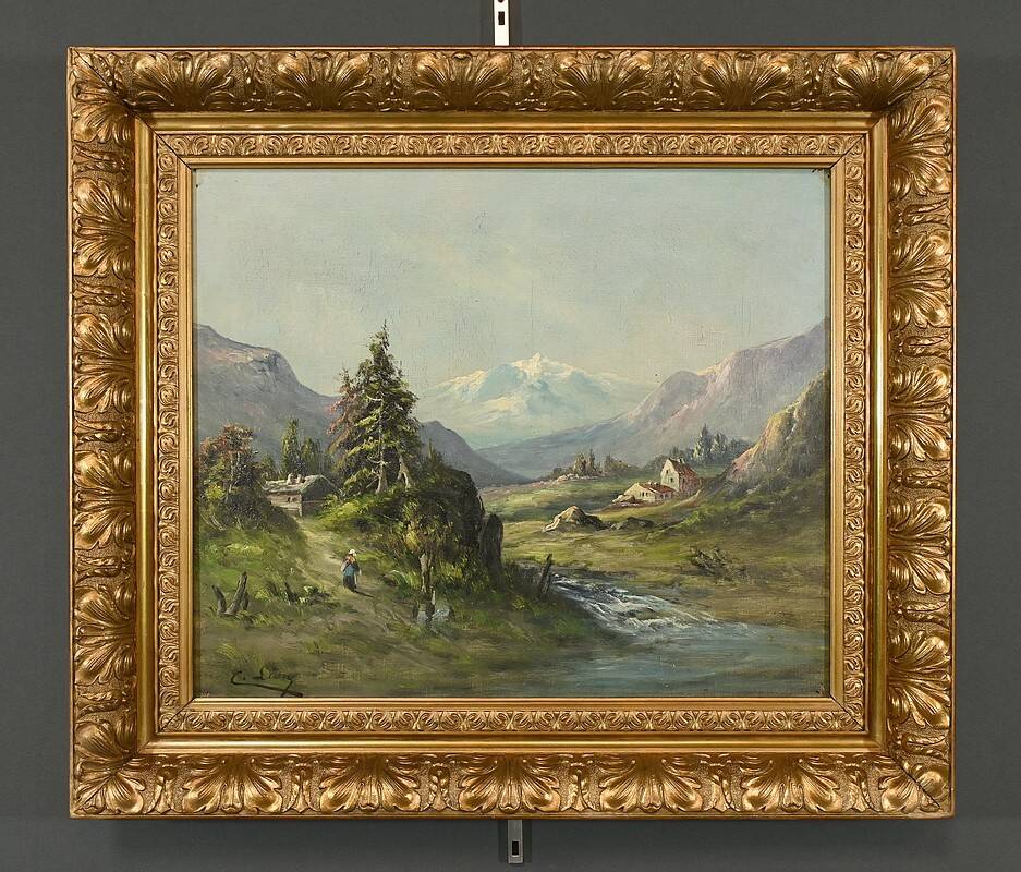 Oil on canvas "Mountain Landscape", signed C. Lion – Late 19th century