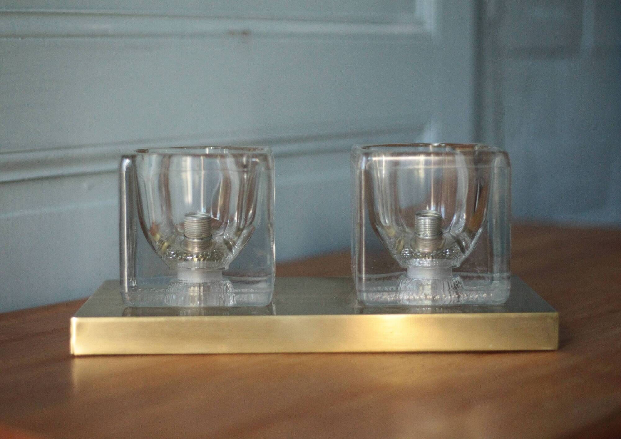 Peill & Putzler wall light, vintage, brass and thick glass wall sconce.