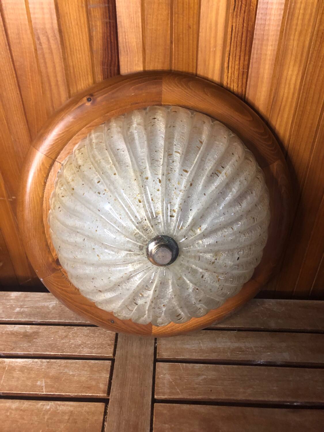 Old golden bubble glass ceiling light + vintage wood contour #a390