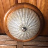 Ancien plafonnier verre bullé doré + contour bois vintage #a390