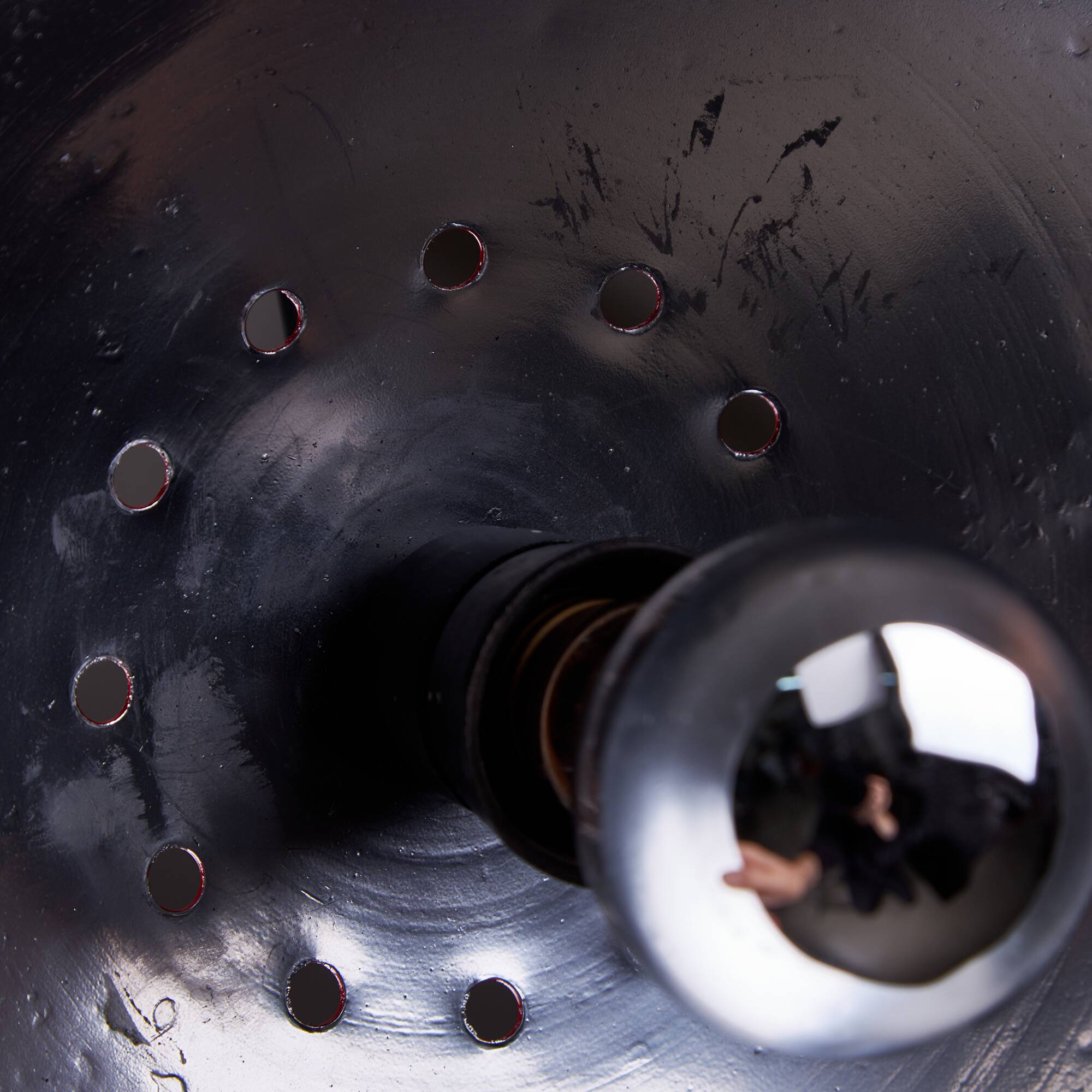 Italian, Hemispherical Red Aluminum Pendant with Round Holes on Top, 1970s