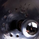 Italian, Hemispherical Red Aluminum Pendant with Round Holes on Top, 1970s