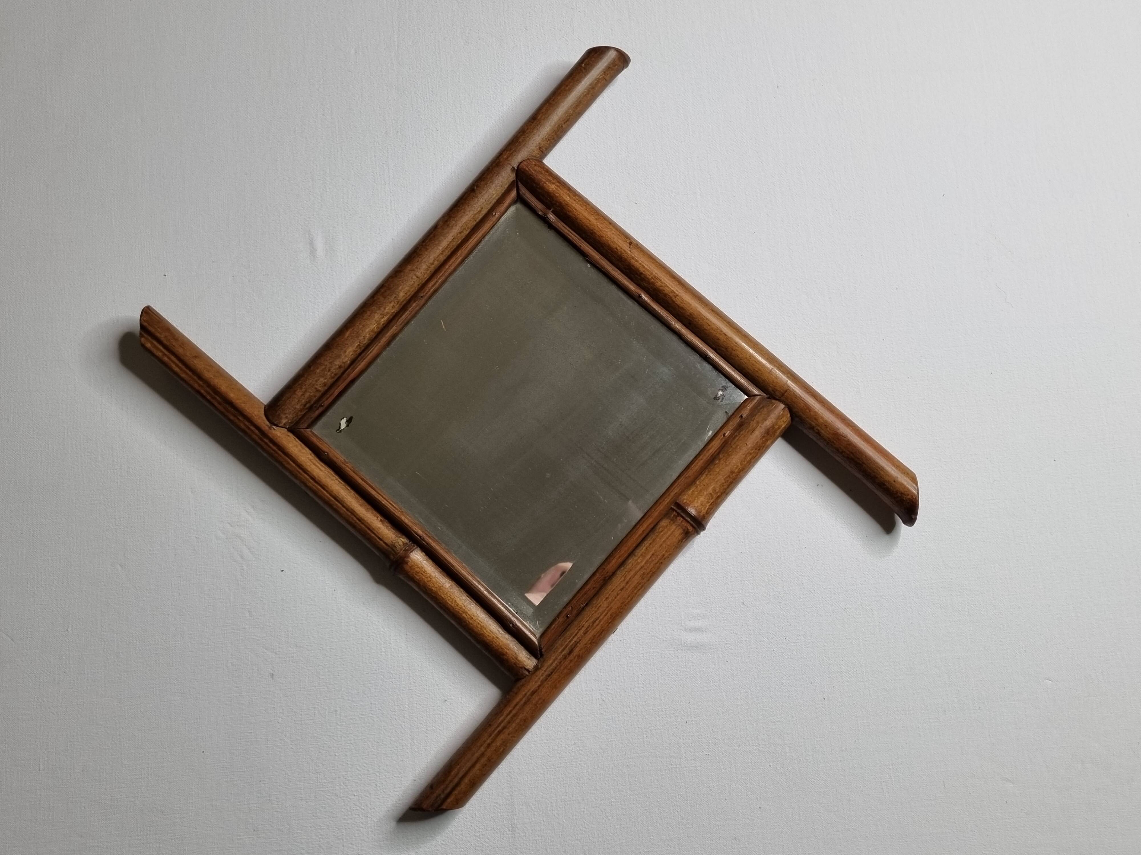 Vintage bamboo diamond mirror, beveled glass, 52 cm