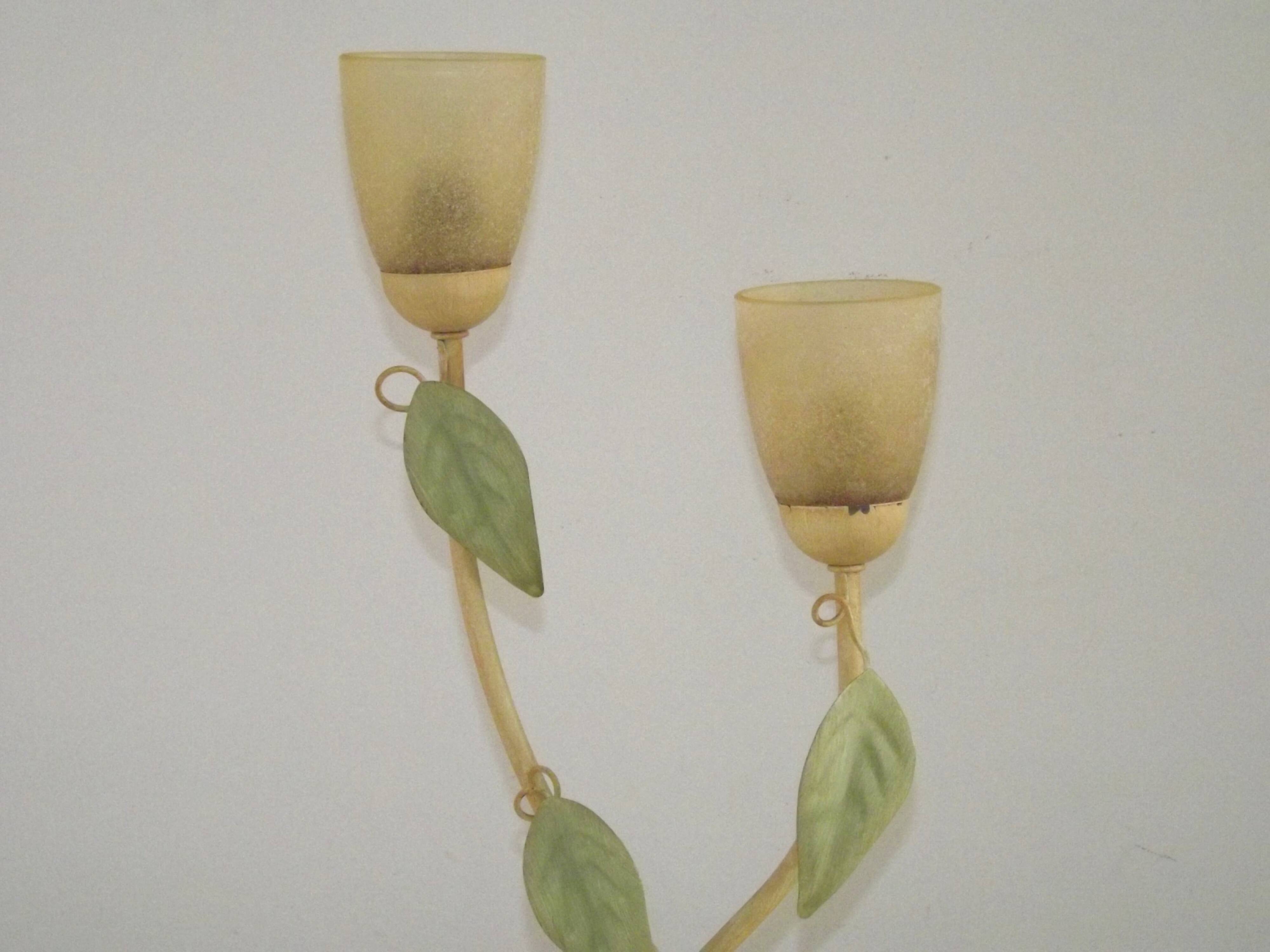 Vintage Italian Double Light Table Lamp Green Leaves Glass Shades