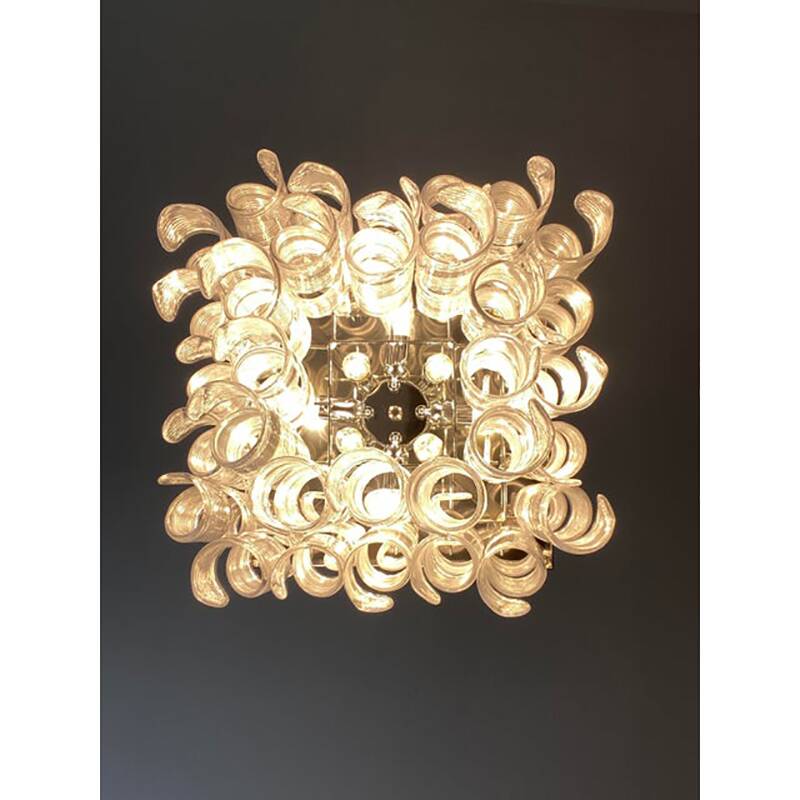 Contemporary Trasparent and White "Ricci-Curles" Murano Glass in Mazzega Style Squared Flush Mount