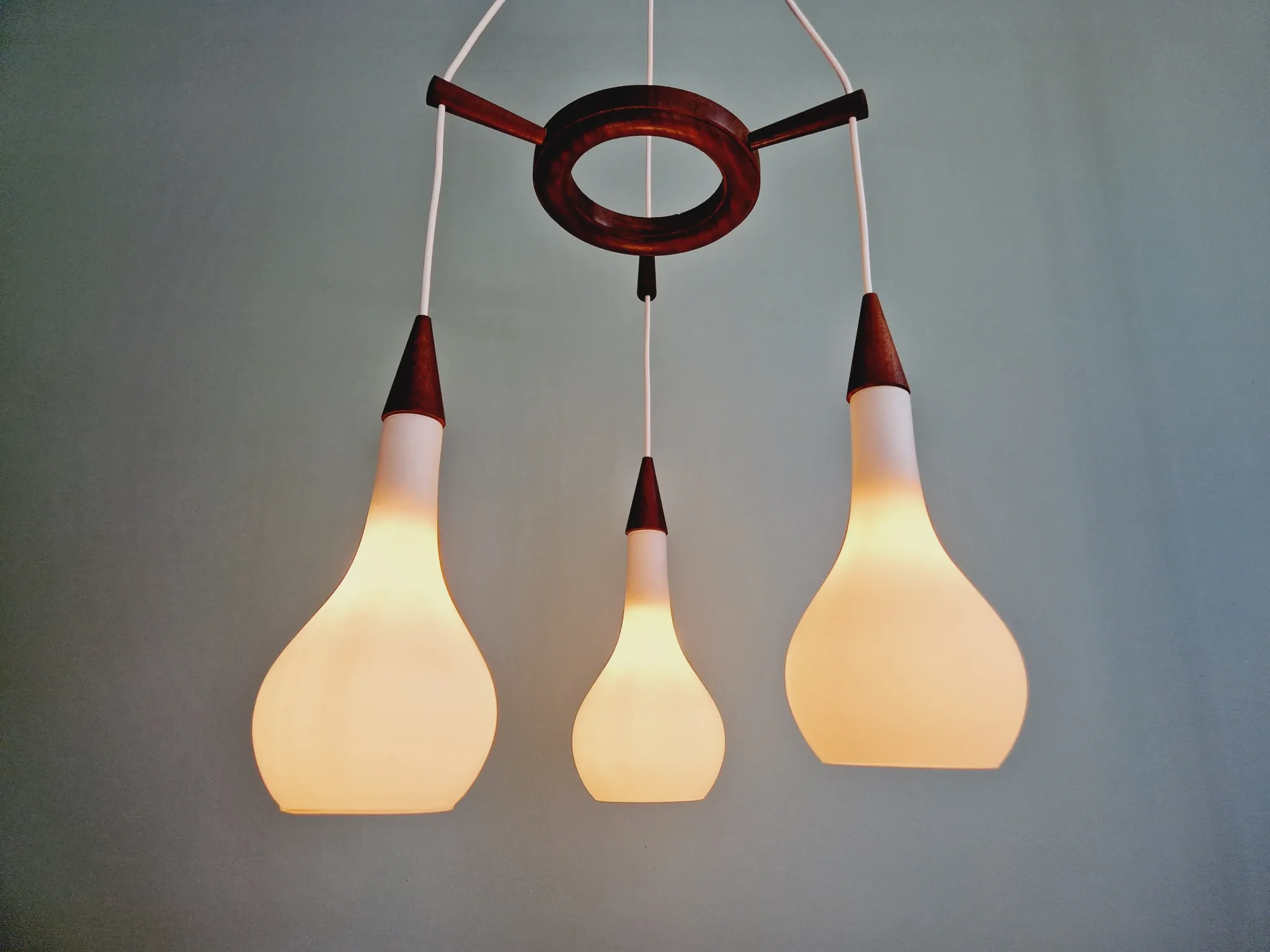 Scandinavian teak and satin white glass chandelier, 1960