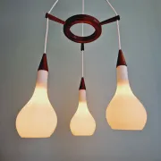 Scandinavian teak and satin white glass chandelier, 1960