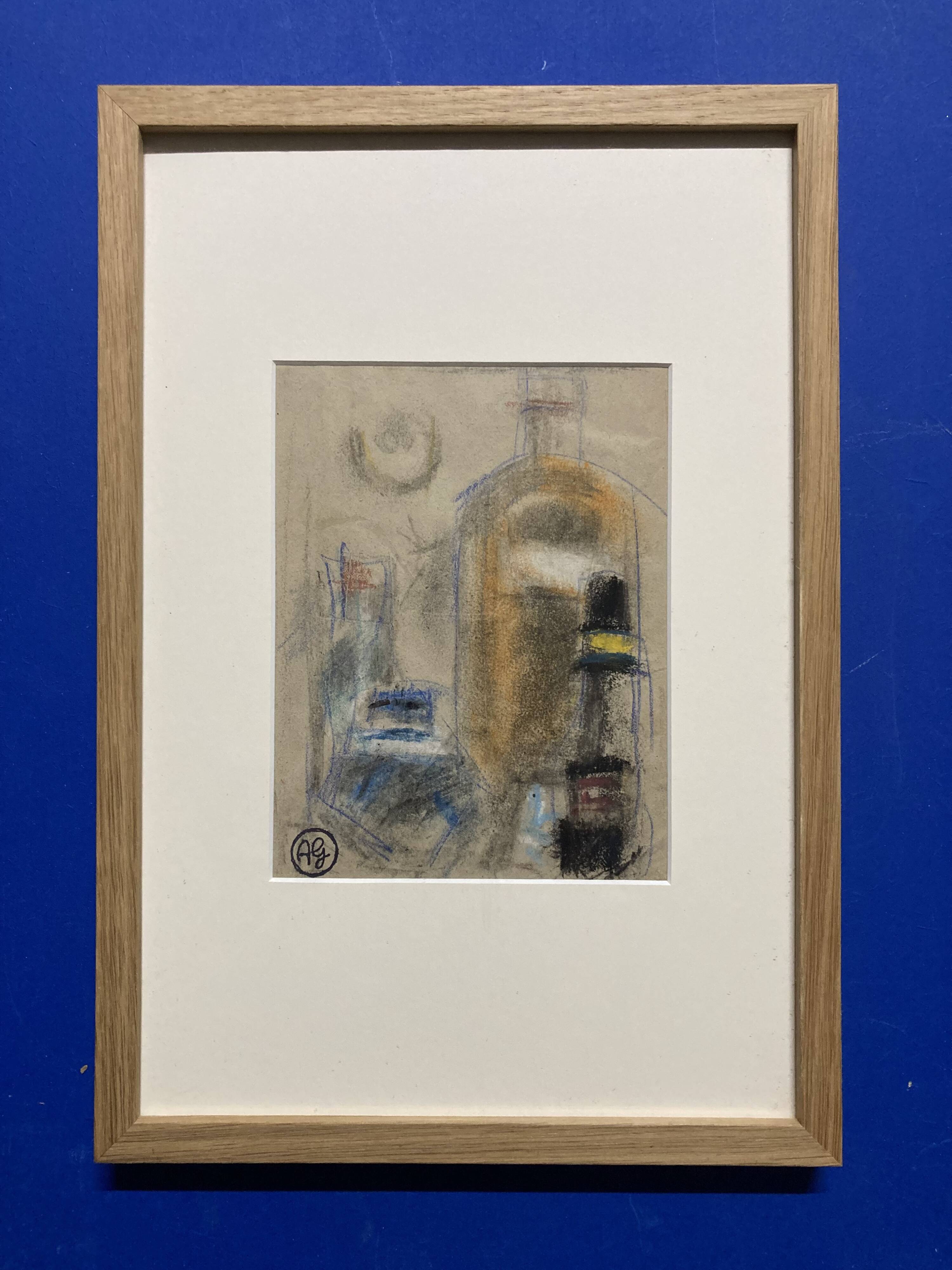 Alfred Gaspart (1900-1993), "Les Bouteilles" Cubist still life, pencil and oil pastel drawing