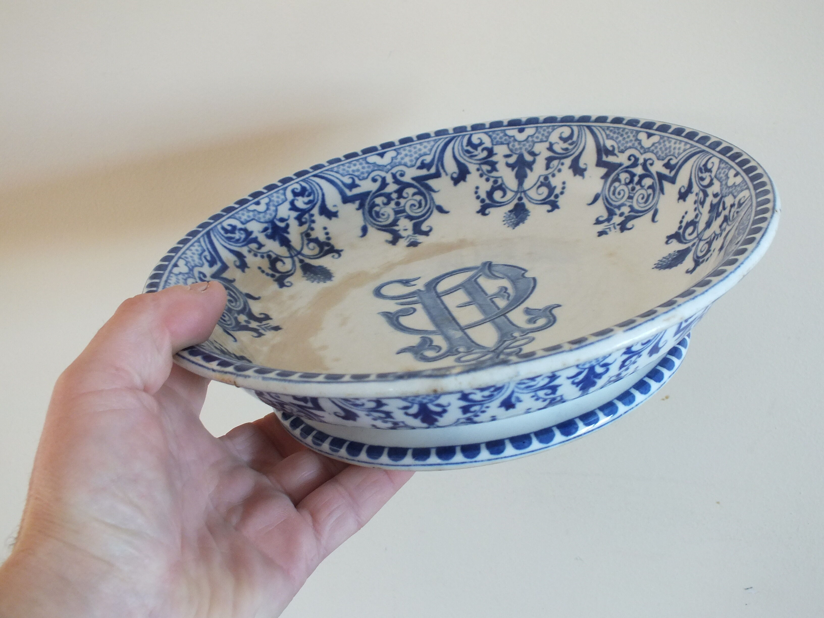 Old hollow cup on pedestal Gien decoration Rouen monogrammed