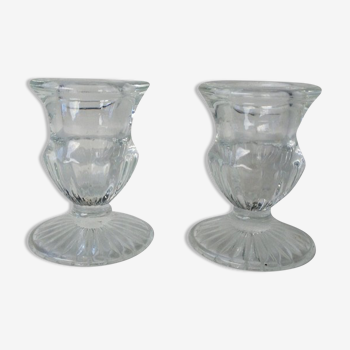 Duo of old glass candlesticks