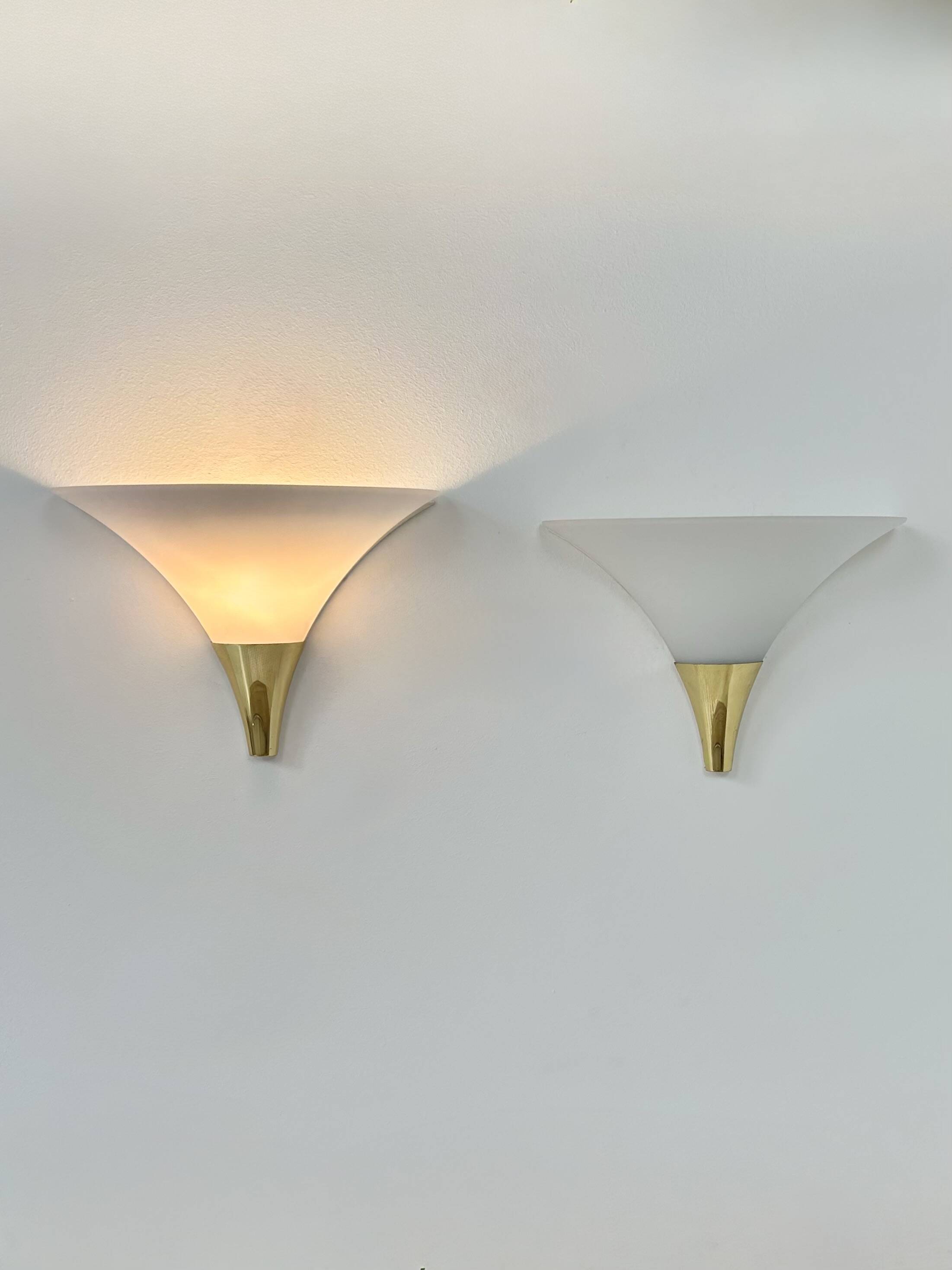 Vintage pair of wall lights, Limburg, opaline and brass, Germany, 1970.