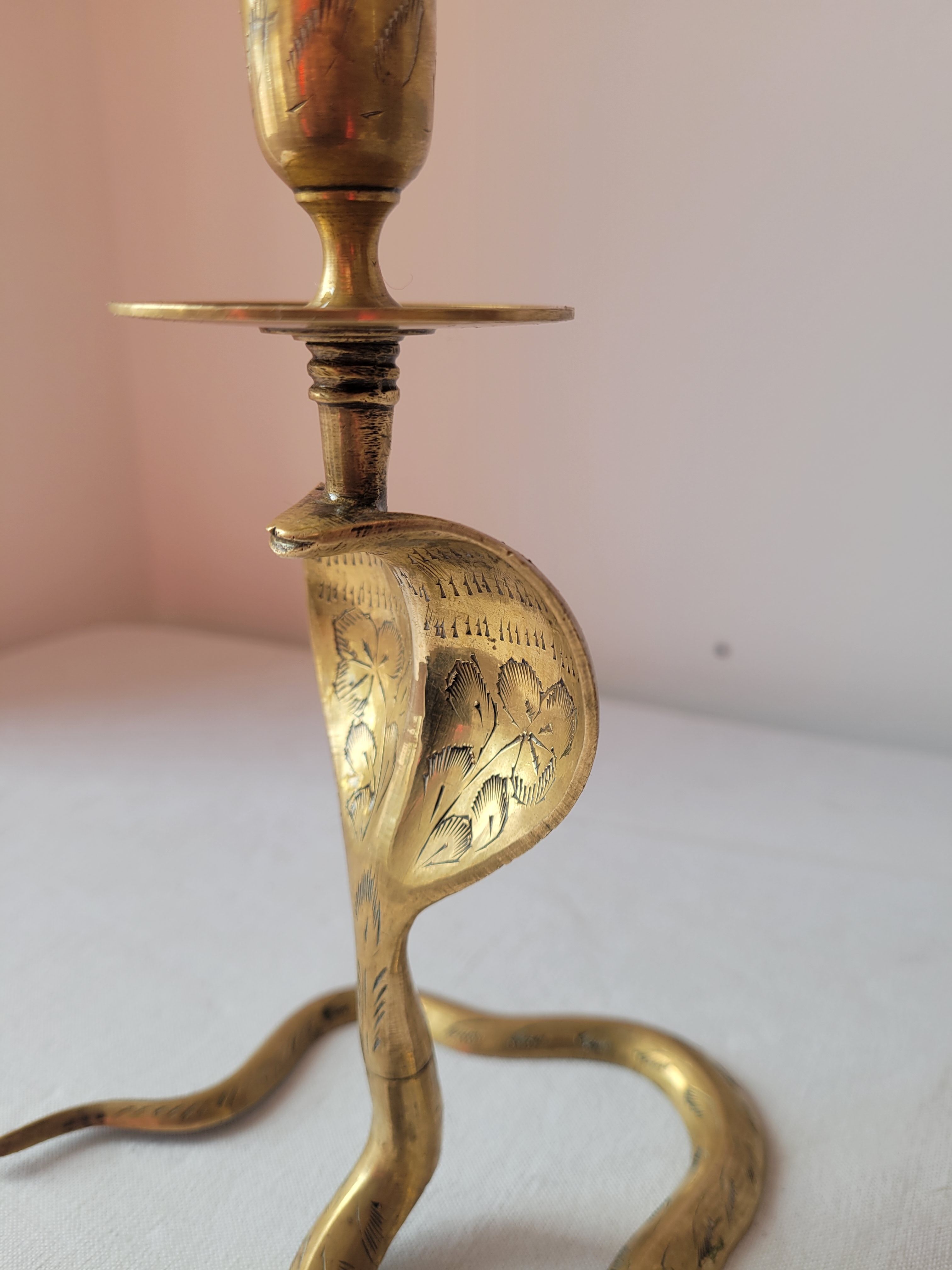 Zoomorphic snake cobra brass candle holder